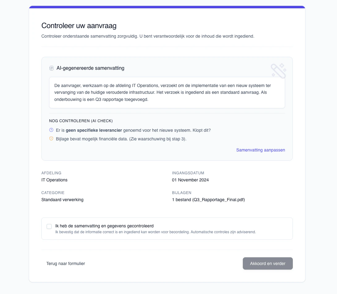 AanvraagPlus AI-formulierassistent met reviewscherm voor menselijke controle, AI-samenvatting en controlepunten
